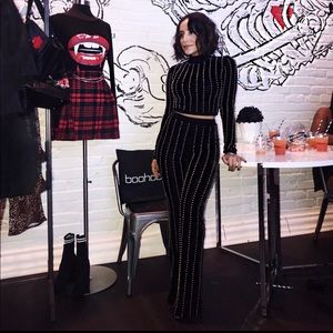 Black velvet crop top and bell bottom pants